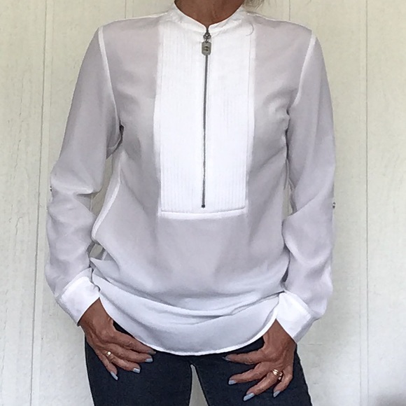 MICHAEL KORS WHITE TUXEDO BIB BLOUSE MEDIUM - Picture 15 of 16